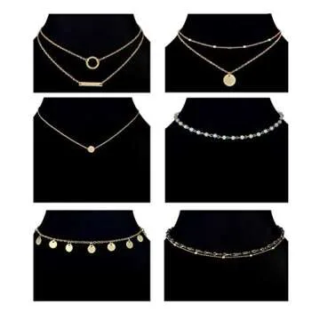 Ofeiyaa 12pcs Chain Gold Bead Necklace Coin Moon Star Pearl Pendant Chain Choker Multilayer Necklace Leather Cord Set for Women Men Gold Adjustable