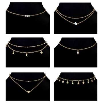 Ofeiyaa 12pcs Chain Gold Bead Necklace Coin Moon Star Pearl Pendant Chain Choker Multilayer Necklace Leather Cord Set for Women Men Gold Adjustable