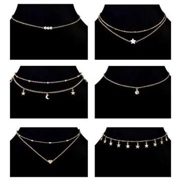 Ofeiyaa 12pcs Chain Gold Bead Necklace Coin Moon Star Pearl Pendant Chain Choker Multilayer Necklace Leather Cord Set for Women Men Gold Adjustable