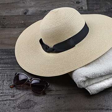 Women Floppy Sun Hat with Wide Brim—Foldable Roll-Up Straw Beach Hat UPF 50 Beige