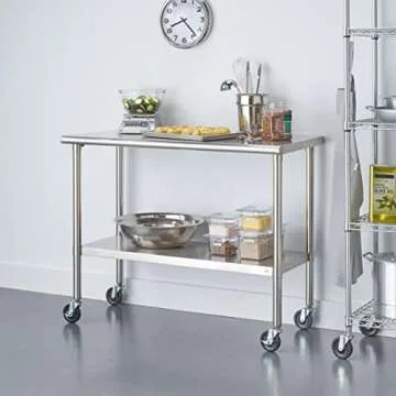 TRINITY EcoStorage Heavy Duty Stainless Steel Kitchen Prep Table with Adjustable Shelf and Wheels for Commercial and Industrial Use, NSF Certified, 300-900 lb Capacity