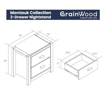 Grain Wood Furniture Montauk 2-Drawer Bedside Nightstand, Solid Wood with Driftwood Finish