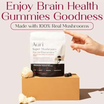Auri Super Mushroom Focus Gummies - w/Lion's Mane, Alpha GPC & Rhodiola - Mushrooom Supplement to Su...
