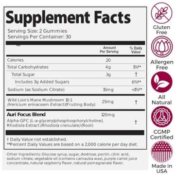 Auri Super Mushroom Focus Gummies - w/Lion's Mane, Alpha GPC & Rhodiola - Mushrooom Supplement to Support Cognitive Function, Mental Clarity, Focus & Energy | 60 Gummies, Vegan Friendly, Non GMOs