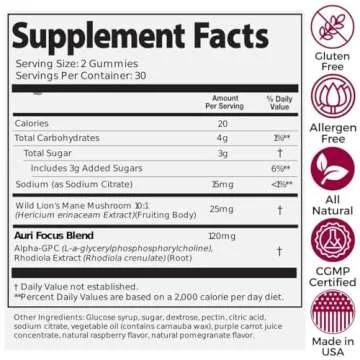 Auri Super Mushroom Focus Gummies - w/Lion's Mane, Alpha GPC & Rhodiola - Mushrooom Supplement to Support Cognitive Function, Mental Clarity, Focus & Energy | 60 Gummies, Vegan Friendly, Non GMOs