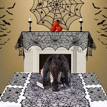 Sunnyglade 8 Pack Halloween Spider Cobweb Lace Tablecloth Set,Fireplace Mantel Scarf & Lace Table Ru...