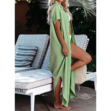 Dokotoo Swimsuit Coverups Summer Dresses for Women 2025 Vacation Button Down Long Kimonos Cardigan Beach Short Sleeve Side Split Casual Solid Loose Bathing Suit Cover Ups for Swimwear Green L