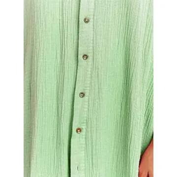 Dokotoo Swimsuit Coverups Summer Dresses for Women 2025 Vacation Button Down Long Kimonos Cardigan Beach Short Sleeve Side Split Casual Solid Loose Bathing Suit Cover Ups for Swimwear Green L