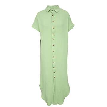 Dokotoo Swimsuit Coverups Summer Dresses for Women 2025 Vacation Button Down Long Kimonos Cardigan Beach Short Sleeve Side Split Casual Solid Loose Bathing Suit Cover Ups for Swimwear Green L