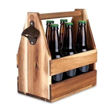 Foster & Rye Acacia Wood 6-pack Beer Carrier - Growler Bottle Caddy, Drink Holder, Liquor Bottle Org...