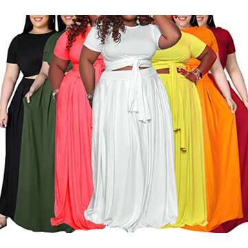 Ophestin Womens Plus Size 2 Piece Dress Outfits Solid Color Crop Top Maxi Skirts Set Red 4XL