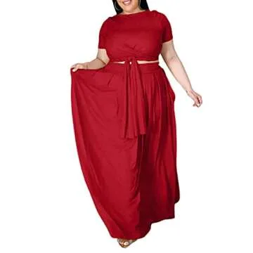 Ophestin Womens Plus Size 2 Piece Dress Outfits Solid Color Crop Top Maxi Skirts Set Red 4XL