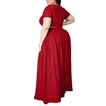 Ophestin Womens Plus Size 2 Piece Dress Outfits Solid Color Crop Top Maxi Skirts Set Red 4XL