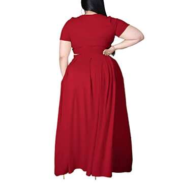 Ophestin Womens Plus Size 2 Piece Dress Outfits Solid Color Crop Top Maxi Skirts Set Red 4XL
