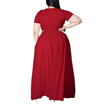 Ophestin Womens Plus Size 2 Piece Dress Outfits Solid Color Crop Top Maxi Skirts Set Red 4XL