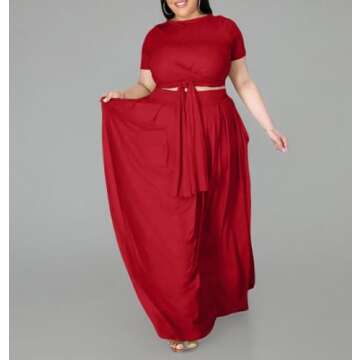 Ophestin Womens Plus Size 2 Piece Dress Outfits Solid Color Crop Top Maxi Skirts Set Red 4XL