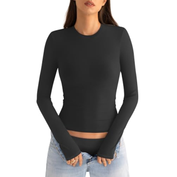 EasyGala Cotton Long Sleeve Shirts Women Crew Neck Slim Fit Basic Going Out Crop Y2k Outfits for Spring Fall Crewneck Tight Tops Fashion Trendy Undershirt Stretchy 2024 Black