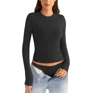 EasyGala Cotton Long Sleeve Shirts Women Crew Neck Slim Fit Basic Going Out Crop Y2k Outfits for Spring Fall Crewneck Tight Tops Fashion Trendy Undershirt Stretchy 2024 Black