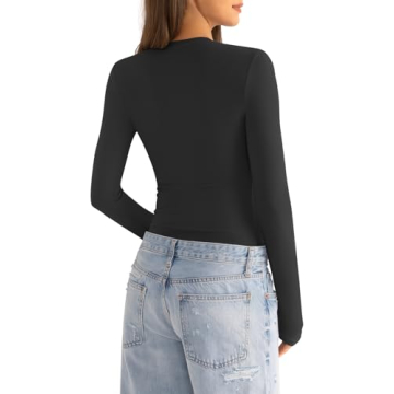 EasyGala Cotton Long Sleeve Shirts Women Crew Neck Slim Fit Basic Going Out Crop Y2k Outfits for Spring Fall Crewneck Tight Tops Fashion Trendy Undershirt Stretchy 2024 Black
