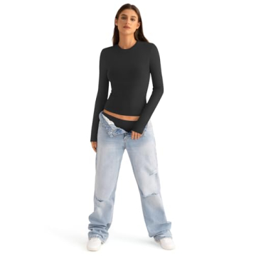 EasyGala Cotton Long Sleeve Shirts Women Crew Neck Slim Fit Basic Going Out Crop Y2k Outfits for Spring Fall Crewneck Tight Tops Fashion Trendy Undershirt Stretchy 2024 Black