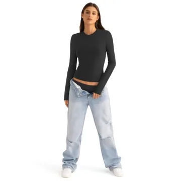 EasyGala Cotton Long Sleeve Shirts Women Crew Neck Slim Fit Basic Going Out Crop Y2k Outfits for Spring Fall Crewneck Tight Tops Fashion Trendy Undershirt Stretchy 2024 Black