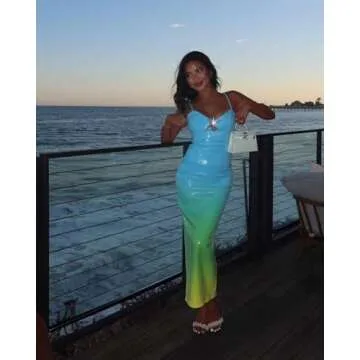 XIUMAO Gradient Color Beach Cocktail Dresses for Women 2025 Spaghetti Straps Sequin Prom Dresses 2025 Tight Bodycon Sexy Ball Gowns M Blue Green