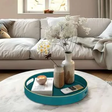 Teal 13 Inch Round Tray with Handles for Serving