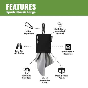SPUDZ Classic | Microfiber Cloth Screen Cleaner and Lens Cleaner | Open Bottom | Black | 10 x 10 Inches