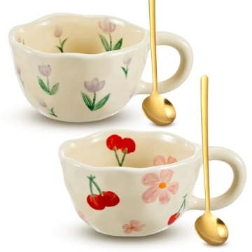 Vesici 2 Pcs Ceramic Coffee Mugs Flower Mugs with Spoon Vintage Floral Mugs with Handle 8.5 oz Cute ...