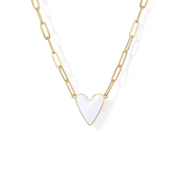 PAVOI 14K Gold Plated White Blue Enamel Heart Necklace - Adjustable Paperclip Chain