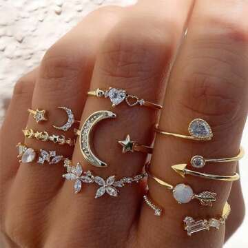 Gold Stackable Rings for Women - Trendy Simple Star Moon Knuckle Ring Set