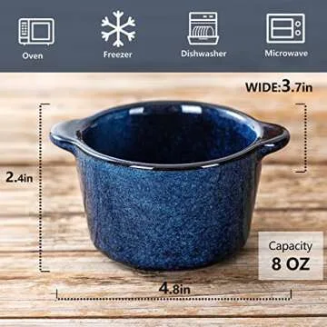 Creme Brulee Ramekins Ceramic Bowls - VICRAYS Mini Custard Cups 8 oz oven Safe Bowls Souffle Dishes for Baking Individual Casserole Dipping Sauce Pioneer Woman Bakeware Set of 6, Blue