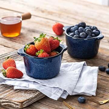 Creme Brulee Ramekins Ceramic Bowls - VICRAYS Mini Custard Cups 8 oz oven Safe Bowls Souffle Dishes for Baking Individual Casserole Dipping Sauce Pioneer Woman Bakeware Set of 6, Blue