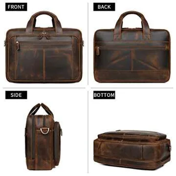 Augus Business Travel Briefcase Genuine Leather Duffel Bags for Men Laptop Bag fits 15.6 inches Laptop YKK Metal Zipper (Dark brown)