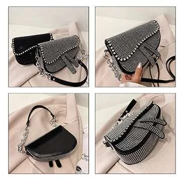 PURFANREE Women Studded Saddle Shoulder Bag Shining Rhinestone Clutch Purse Underarm Handbag Satchel Rivet Crossbody Bag