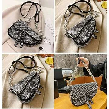 PURFANREE Women Studded Saddle Shoulder Bag Shining Rhinestone Clutch Purse Underarm Handbag Satchel Rivet Crossbody Bag