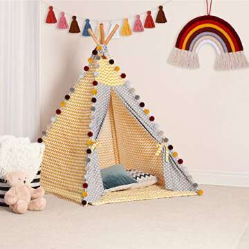 Boao 3 Pcs Pom Pom Garland Boho Rainbow Macrame Wall Hanging Rainbow Tassel Banner Garland Cotton Ball Decor for Home Party Shower Supplies(Brown Rainbow Colors)