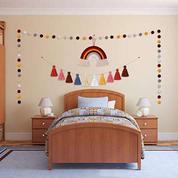Boao 3 Pcs Pom Pom Garland Boho Rainbow Macrame Wall Hanging Rainbow Tassel Banner Garland Cotton Ball Decor for Home Party Shower Supplies(Brown Rainbow Colors)