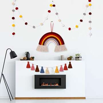 Boao 3 Pcs Pom Pom Garland Boho Rainbow Macrame Wall Hanging Rainbow Tassel Banner Garland Cotton Ball Decor for Home Party Shower Supplies(Brown Rainbow Colors)