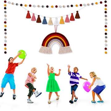 Boao 3 Pcs Pom Pom Garland Boho Rainbow Macrame Wall Hanging Rainbow Tassel Banner Garland Cotton Ball Decor for Home Party Shower Supplies(Brown Rainbow Colors)