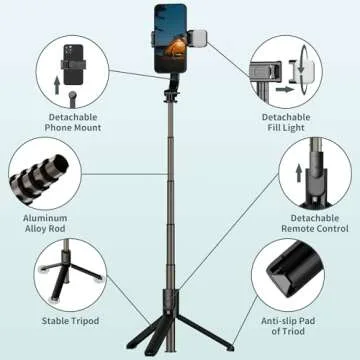 Aluminium Selfie Stick with Fill Light, Selfie Stick with Detachable Phone Holder, Phone Tripod Stand with Wireless Remote for Photograph, Group Selfie, Live Streaming, Compatible with iOS/Android