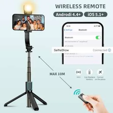 Aluminium Selfie Stick with Fill Light, Selfie Stick with Detachable Phone Holder, Phone Tripod Stand with Wireless Remote for Photograph, Group Selfie, Live Streaming, Compatible with iOS/Android