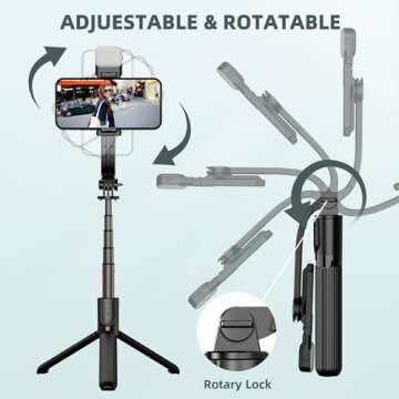 Aluminium Selfie Stick with Fill Light, Selfie Stick with Detachable Phone Holder, Phone Tripod Stand with Wireless Remote for Photograph, Group Selfie, Live Streaming, Compatible with iOS/Android