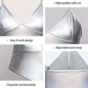 Women's Shiny Crop Top Party Dance Night Out Metallic Spaghetti Strap Cami Tank Top (as1, Alpha, s, Regular, Regular, Standard, Shiny Silver, S)