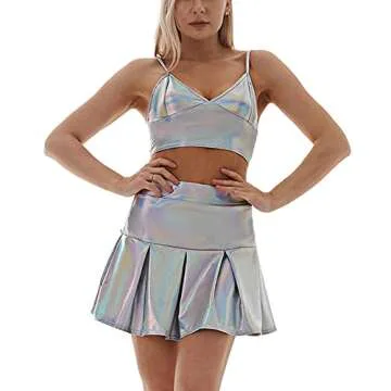 Women's Shiny Crop Top Party Dance Night Out Metallic Spaghetti Strap Cami Tank Top (as1, Alpha, s, Regular, Regular, Standard, Shiny Silver, S)