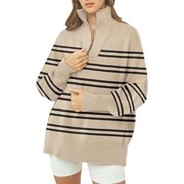 Womens Oversized Tunic Sweaters 1/4 Zipper Neck Knit Tops Casual Sweatshirt Pullover Stripes Sweater...