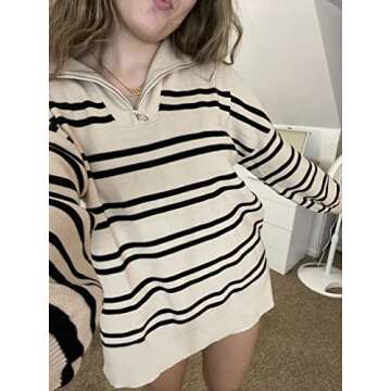 Womens Oversized Tunic Sweaters 1/4 Zipper Neck Knit Tops Casual Sweatshirt Pullover Stripes Sweater Side Split