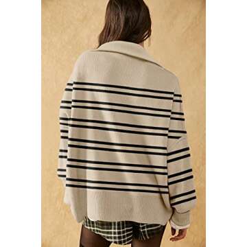 Womens Oversized Tunic Sweaters 1/4 Zipper Neck Knit Tops Casual Sweatshirt Pullover Stripes Sweater Side Split
