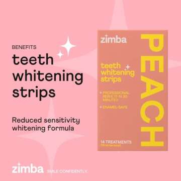 Zimba Teeth Whitening Strips Vegan Whitening Strip Enamel Safe Teeth Whitening Hydrogen Peroxide Teeth Whitener for Coffee, Wine, and Other Stains, 28 Strips (14 Day Treatment), Peach