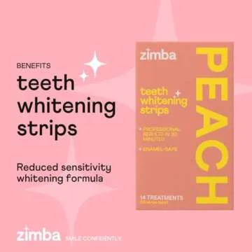 Zimba Teeth Whitening Strips Vegan Whitening Strip Enamel Safe Teeth Whitening Hydrogen Peroxide Teeth Whitener for Coffee, Wine, and Other Stains, 28 Strips (14 Day Treatment), Peach